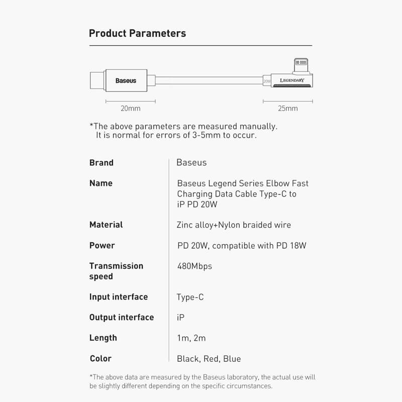 Basus PD 20W Elbow L-Shaped Type-C to Lightning Charging Cable 1m,2m