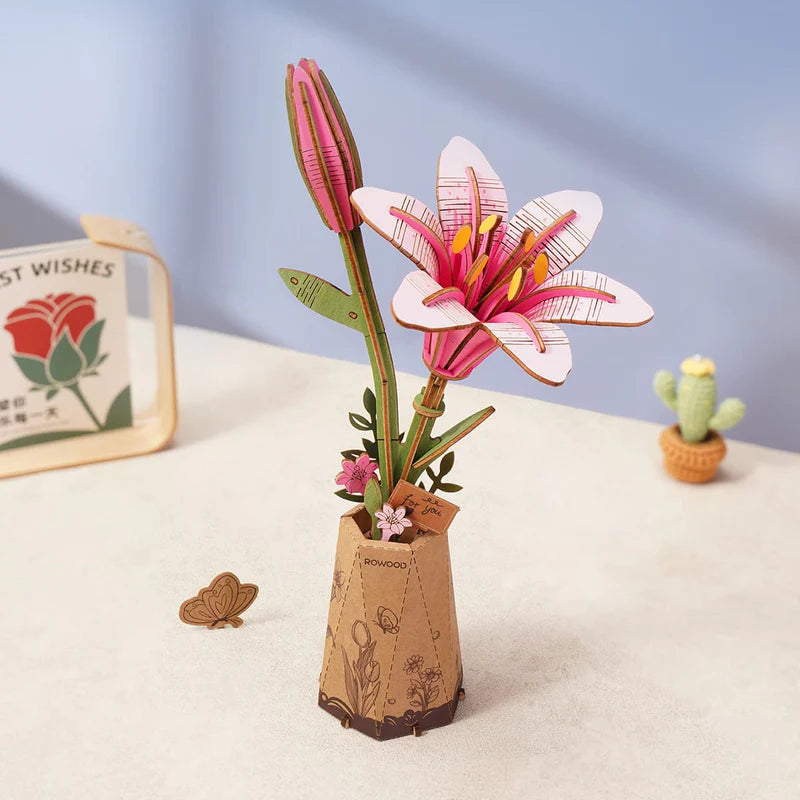 Rolife Rowood DIY Wooden Flower Pink Lily 3D Wooden Puzzle TW071