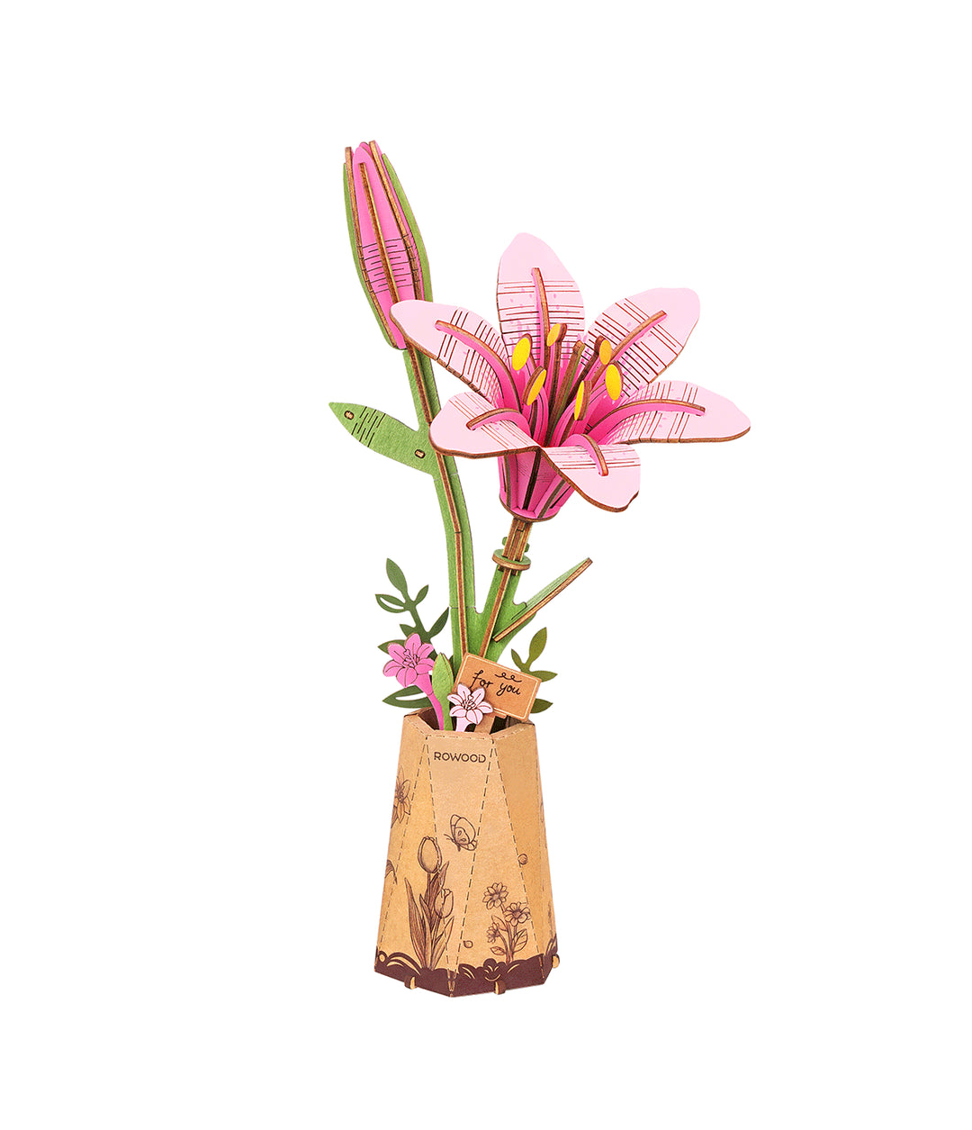 Rolife Rowood DIY Wooden Flower Pink Lily 3D Wooden Puzzle TW071