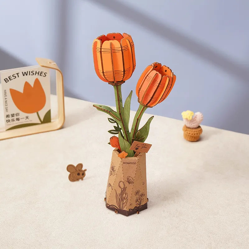 Rolife Rowood DIY Wooden Flower Orange Tulip 3D Wooden Puzzle TW081